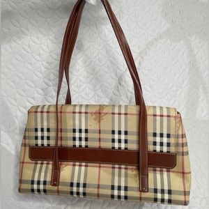 Burberry London Double Strap Shoulder Bag Haymarket Check w/ Leather Trim